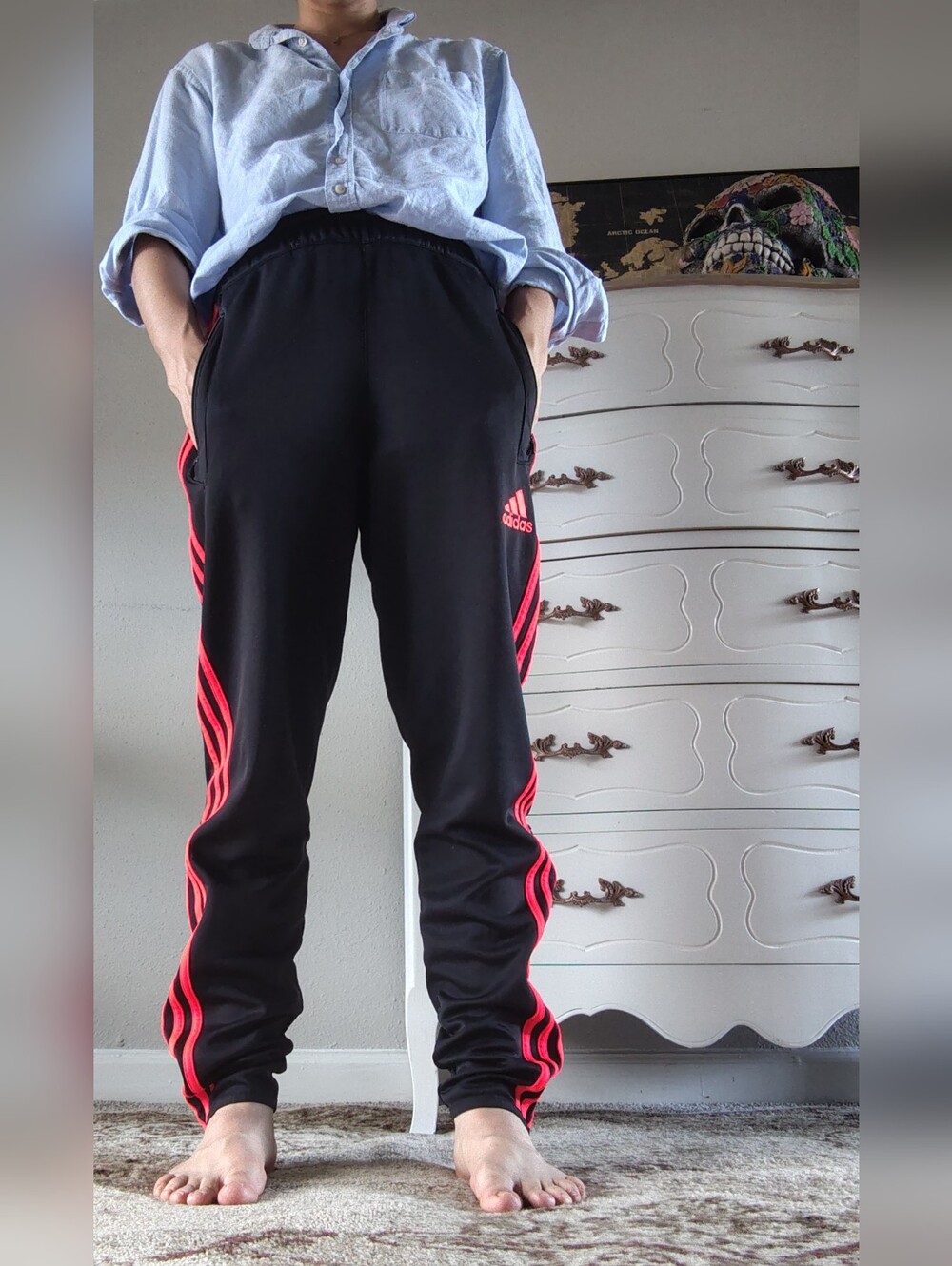 Adidas Unisex Black Track Pants with Red Stripes - Baggy, Size M